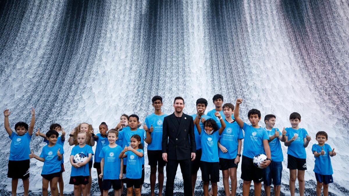 Argentine star Lionel Messi and children at Surreal, the Water Feature during his visit to Expo 2020 Dubai. — Expo 2020 Dubai