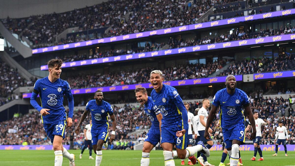Chelsea's Brazilian defender Thiago Silva celebrates after scoring a goal against Tottenham Hotspur during the English Premier League match. — AFP