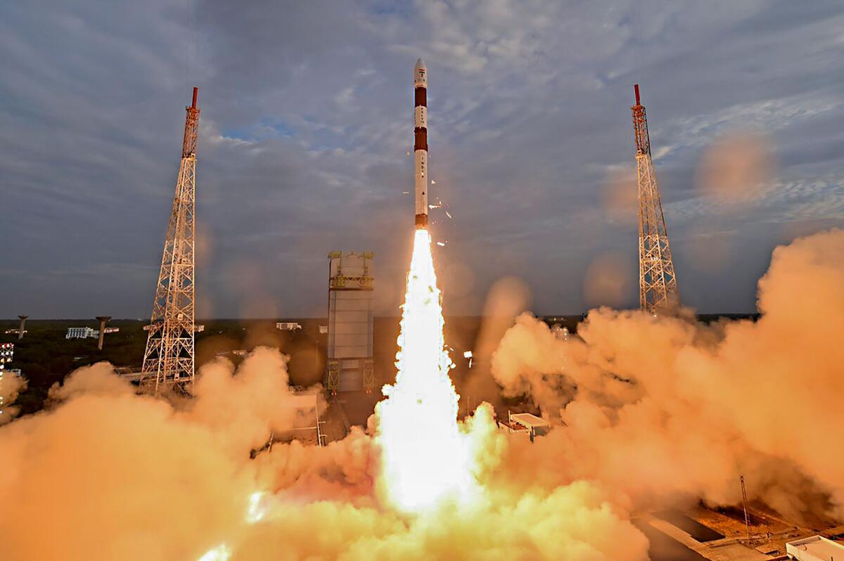 Indian Space Research Organisation's PSLV-C56 carrying Singapore’s DS-SAR satellite along with six co-passenger satellites lifts off from the launch pad at Satish Dhawan Space Centre in Sriharikota on Sunday. Photo: PTI