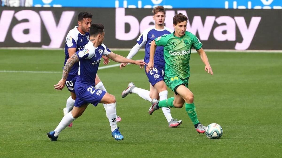 Action from the La Liga match between Real Sociedad and Alaves on Thursday. - Twitter