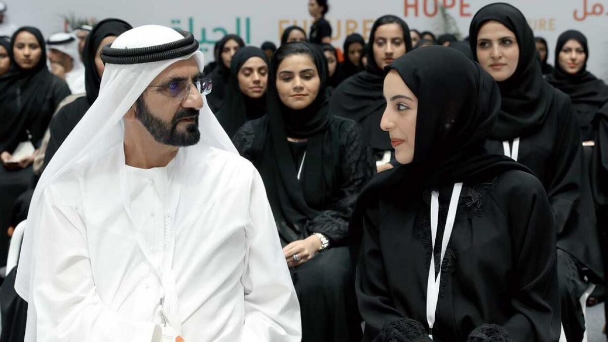 Shaikh Mohammed with Minister of State for Youth Shamma Al Mazrui at the launching of the UAE National Agenda for Youth in Dubai on Tuesday. 