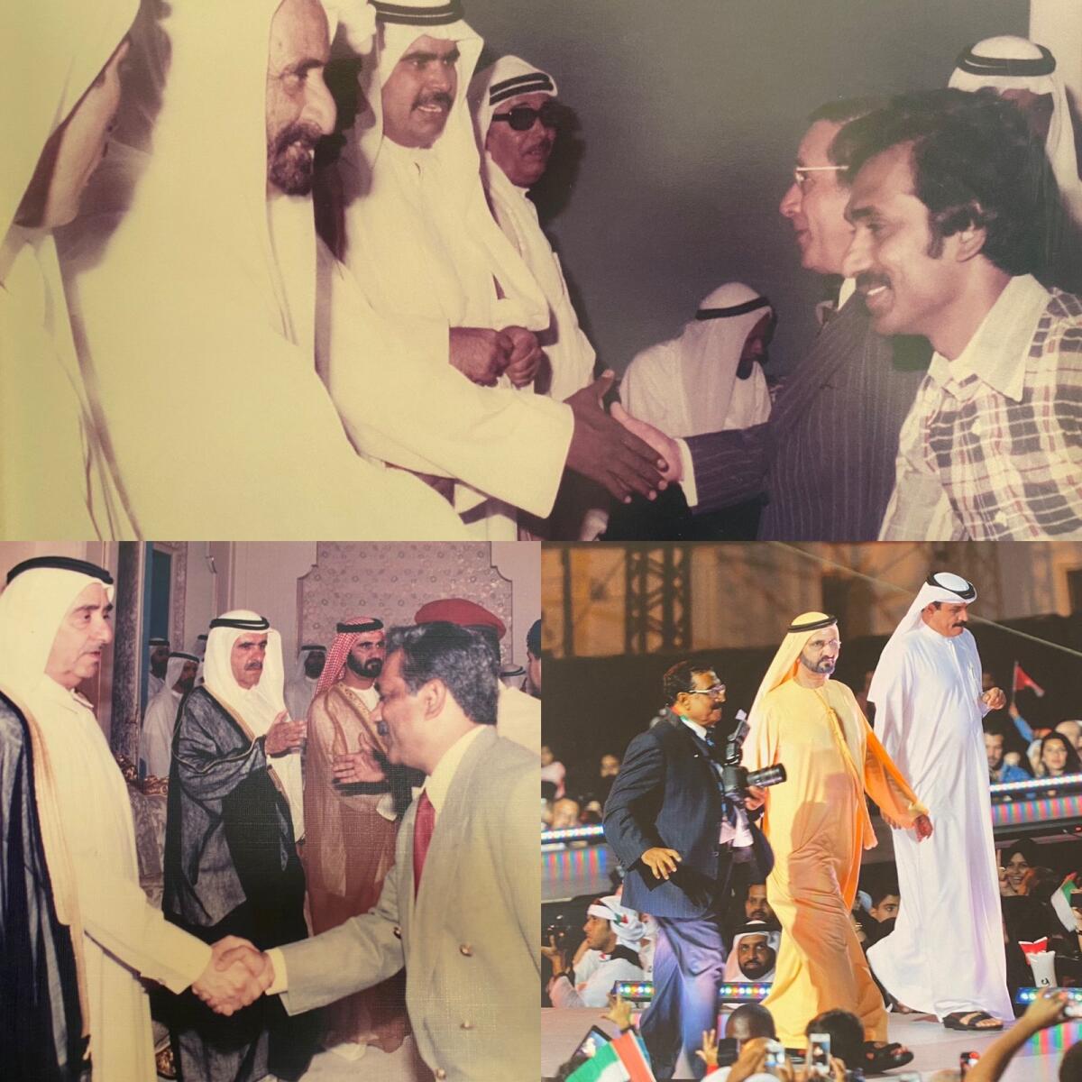(Top) Mushtaq with late Sheikh Rashid bin Saeed Al Maktoum, (bottom left) with late Sheikh Maktoum bin Rashid al Maktoum and (bottom right) with Sheikh Mohammed bin Rashid Al Maktoum after Dubai won the Expo bid.