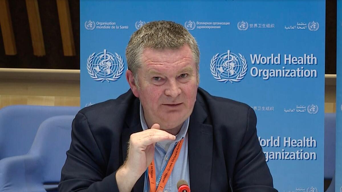 A TV grab taken from the World Health Organization website shows World Health Organization (WHO) Health Emergencies Programme Director Michael Ryan in March 2020.