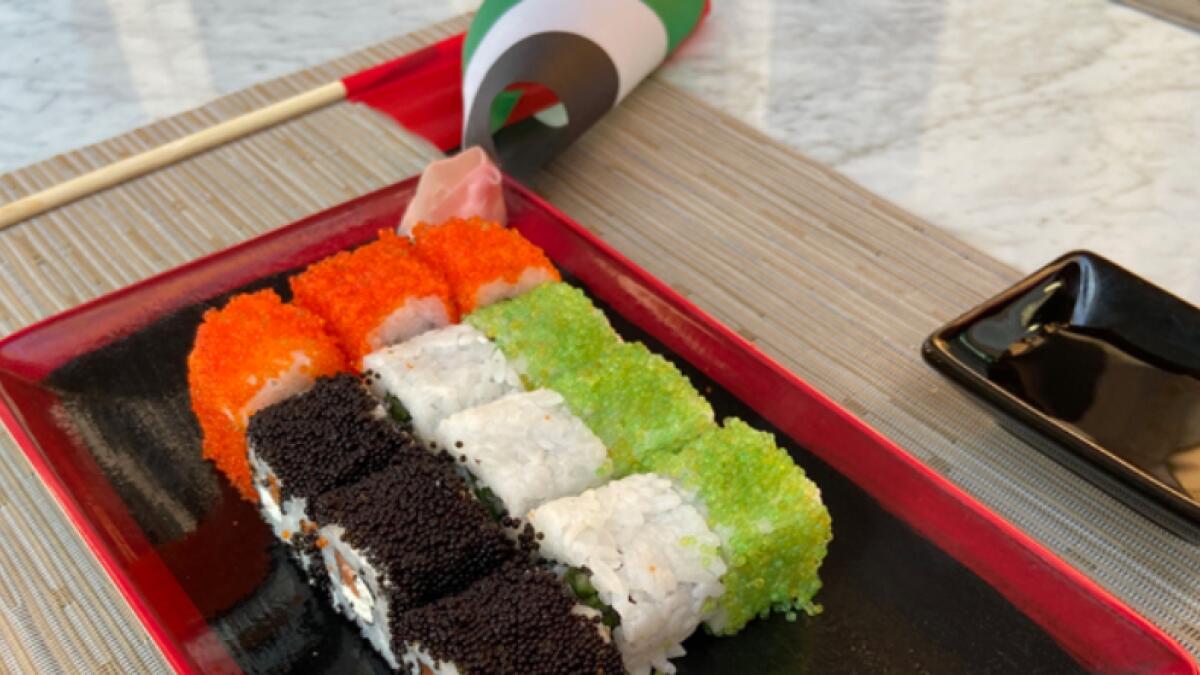 Sushi for the Day: Japanese restaurant Tanuki is showcasing a special type of sushi platter until December 2. Designed to resemble the UAE flag, the platter includes California rolls, wasabi tempura prawn rolls, spicy maguro rolls and sake California rolls. The 12-piece platter is priced at Dhs60.