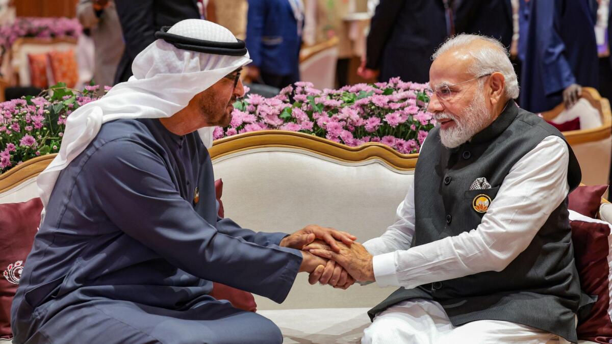 UAE's President, His Highness Sheikh Mohamed bin Zayed Al Nahyan with Indian Prime Minister Narendra Modi during a bilateral meeting, on the sidelines of the G20 Summit. — PTI