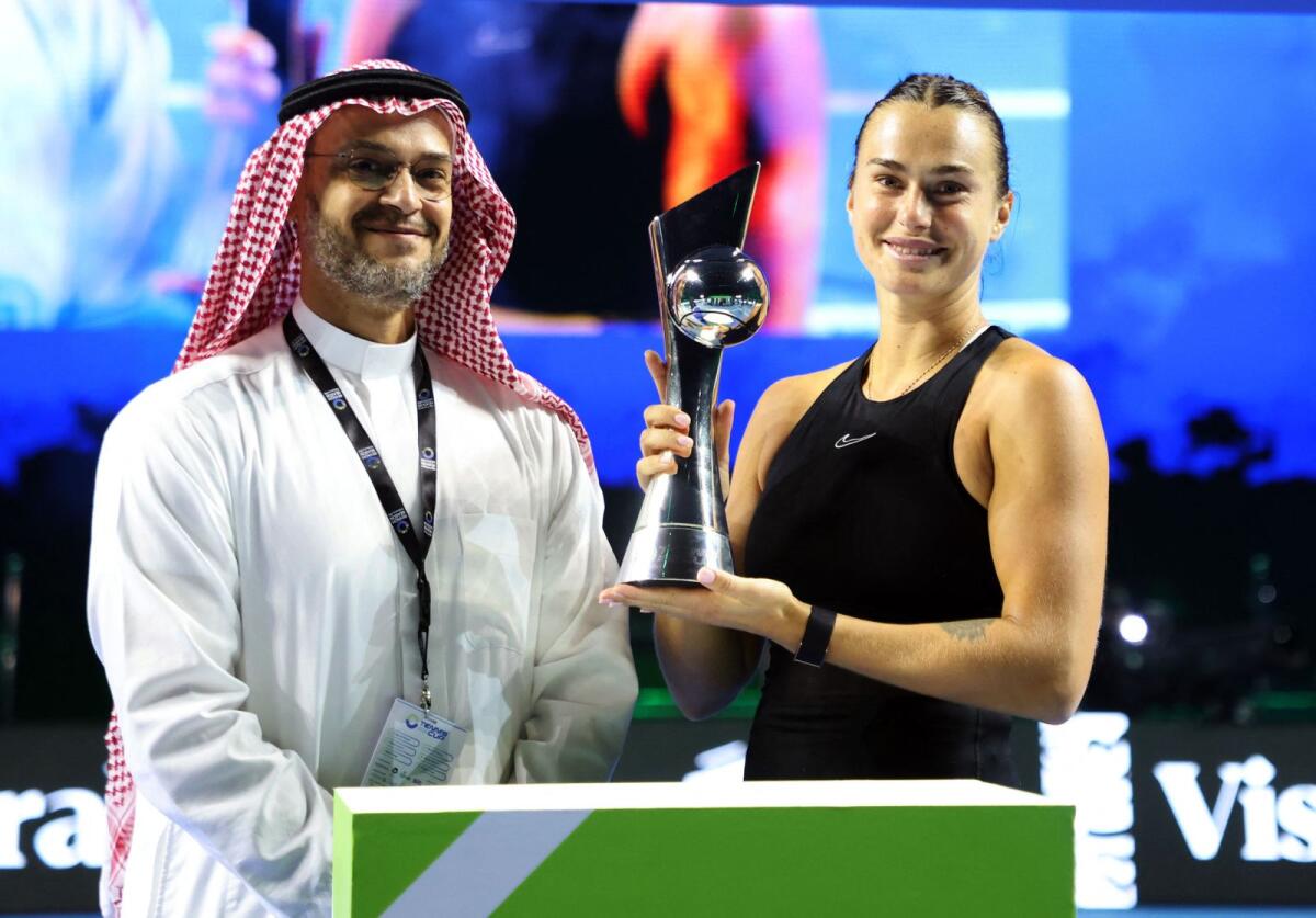 Belarus' Aryna Sabalenka poses with the trophy after winning her exhibition match against Tunisia's Ons Jabeur in Riyadh last year. — Reuters file