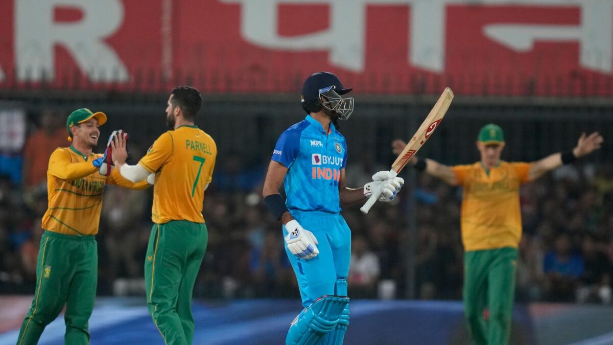 South African players celebrate the wicket of India's Hashal Patel during the third T20 cricket match between India and South Africa in Indore. –AP