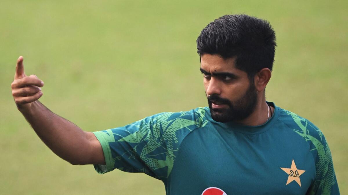 Pakistan’s captain Babar Azam gestures during a practice session at the Eden Gardens Cricket Stadium in Kolkata on fRIDAY, November 10,. - AFP