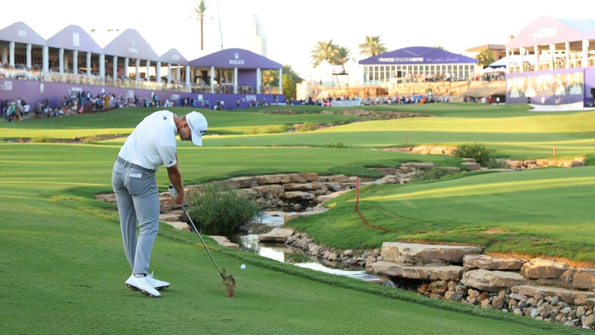 Second round leader Nicolai Hojgaard in action on the 18th hole on Earth course at Jumeirah Golf Estates.- Supplied photo
