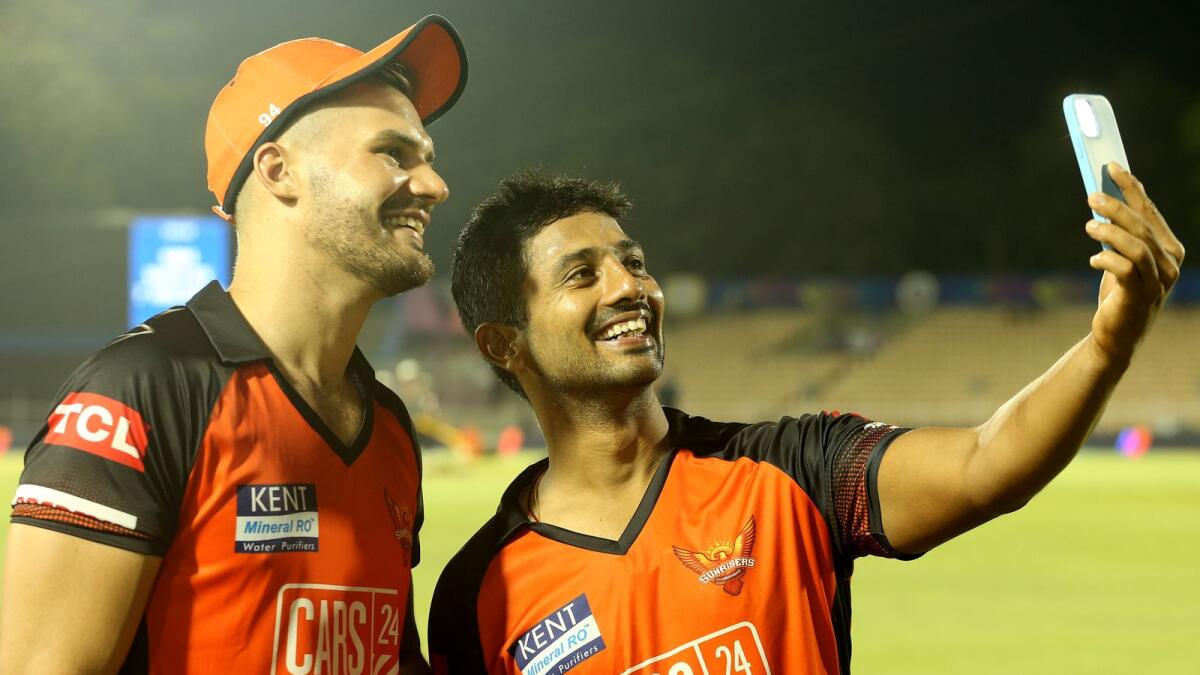 Aiden Markram and Rahul Tripathi (right) of the Sunrisers Hyderabad take a selfie. (BCCI)