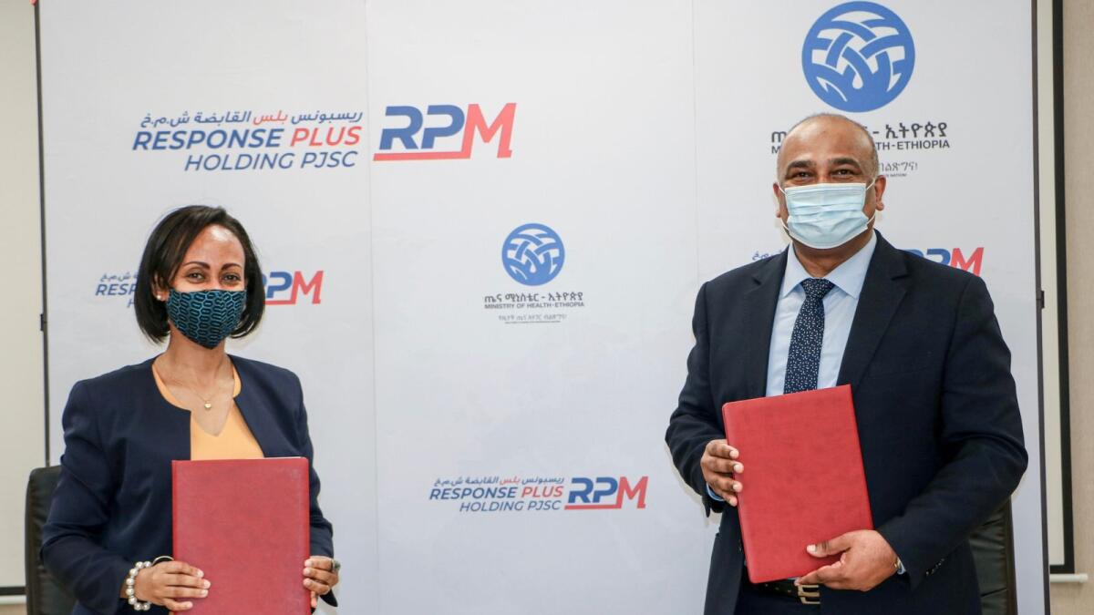 Ethiopian Minister of Health Dr Lia Tadesse and CEO of Response Plus Holdings PJSC Major Tom Louis after signing an MoU to boost employment opportunities for Ethiopian nursing professionals in the UAE