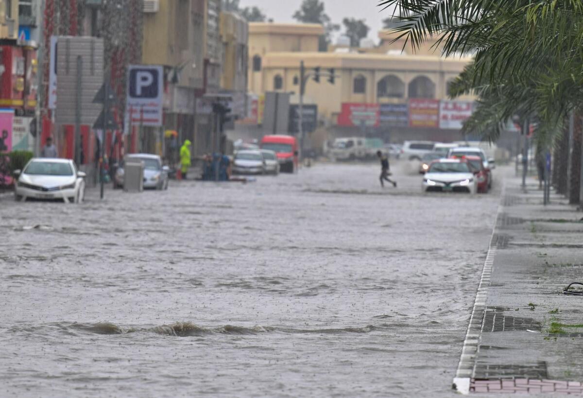 Waterlogging on a road in Sharjah after Monday morning rain. KT photo: Muhammad Sajjad