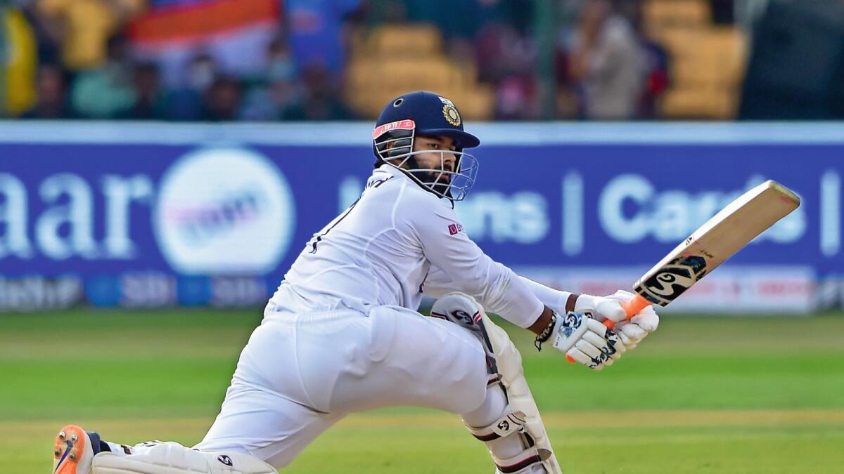 Young gun: India’s wicketkeeper-batsman Rishabh Pant plays a shot on the second day of the second Test against Sri Lanka at the M Chinnaswamy Stadium in Bengaluru on Sunday. — PTI