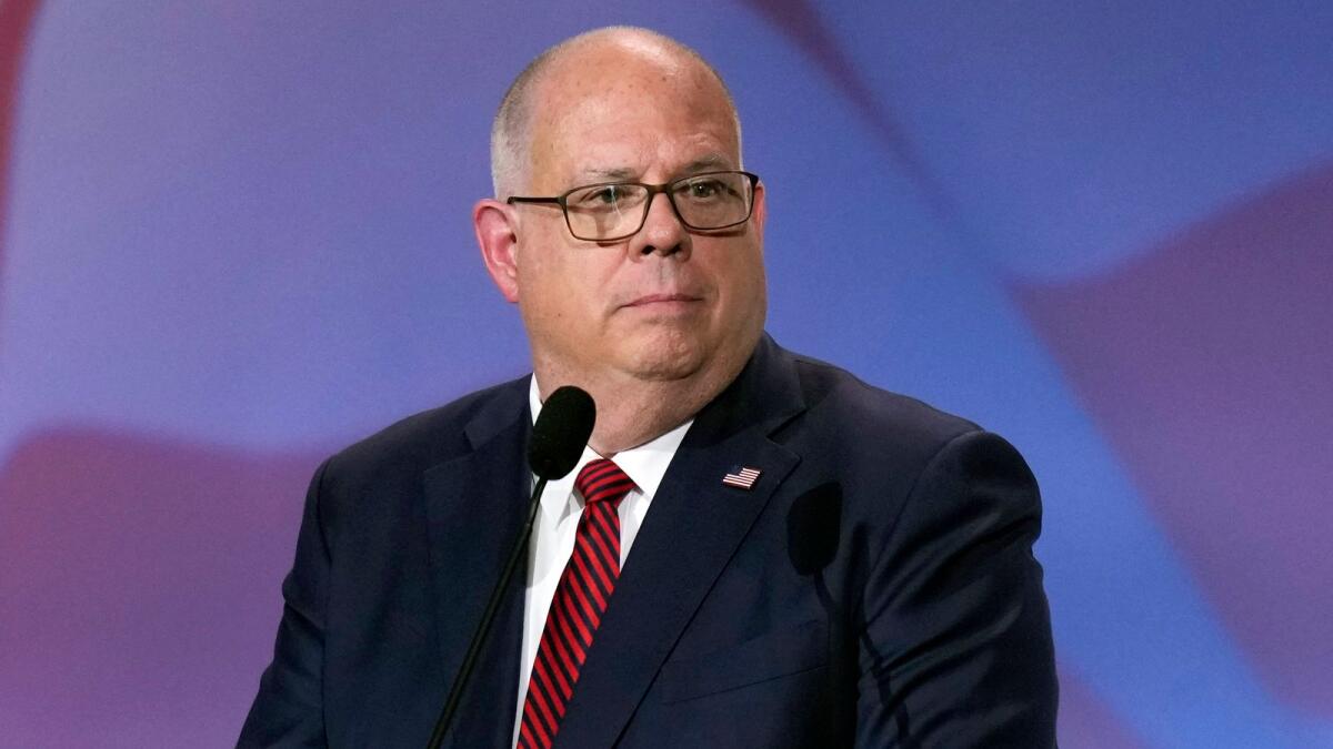 Maryland Governor Larry Hogan speaks at an annual leadership meeting of the Republican Jewish Coalition, on Friday in Las Vegas. — AP