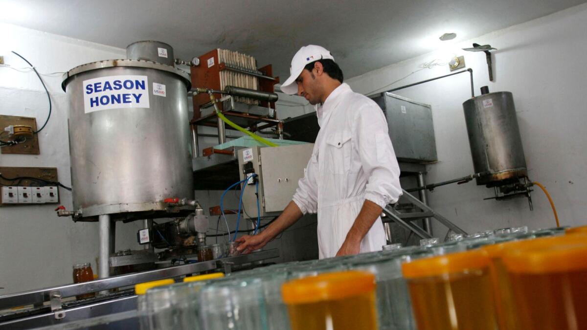 An Afghan worker is seen at a honey production company in Jalalabad, Nangarhar province east of Kabul. The USAID supported the establishment of the honey facility through financial and technical assistance to the Nangarhar province.