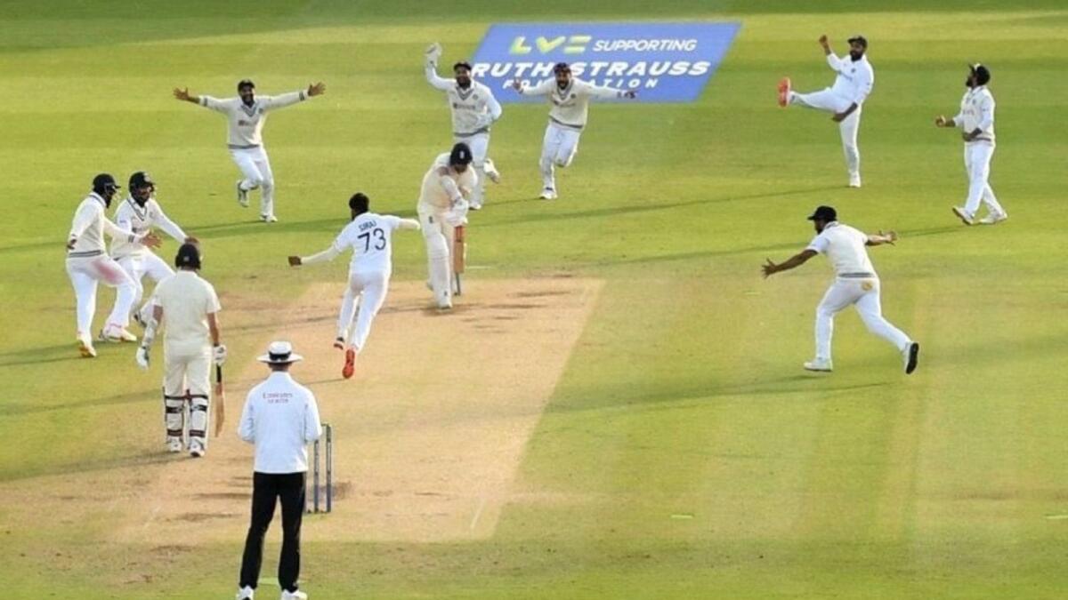 Indian players celebrate the last England wicket at Lord's. (Twitter)