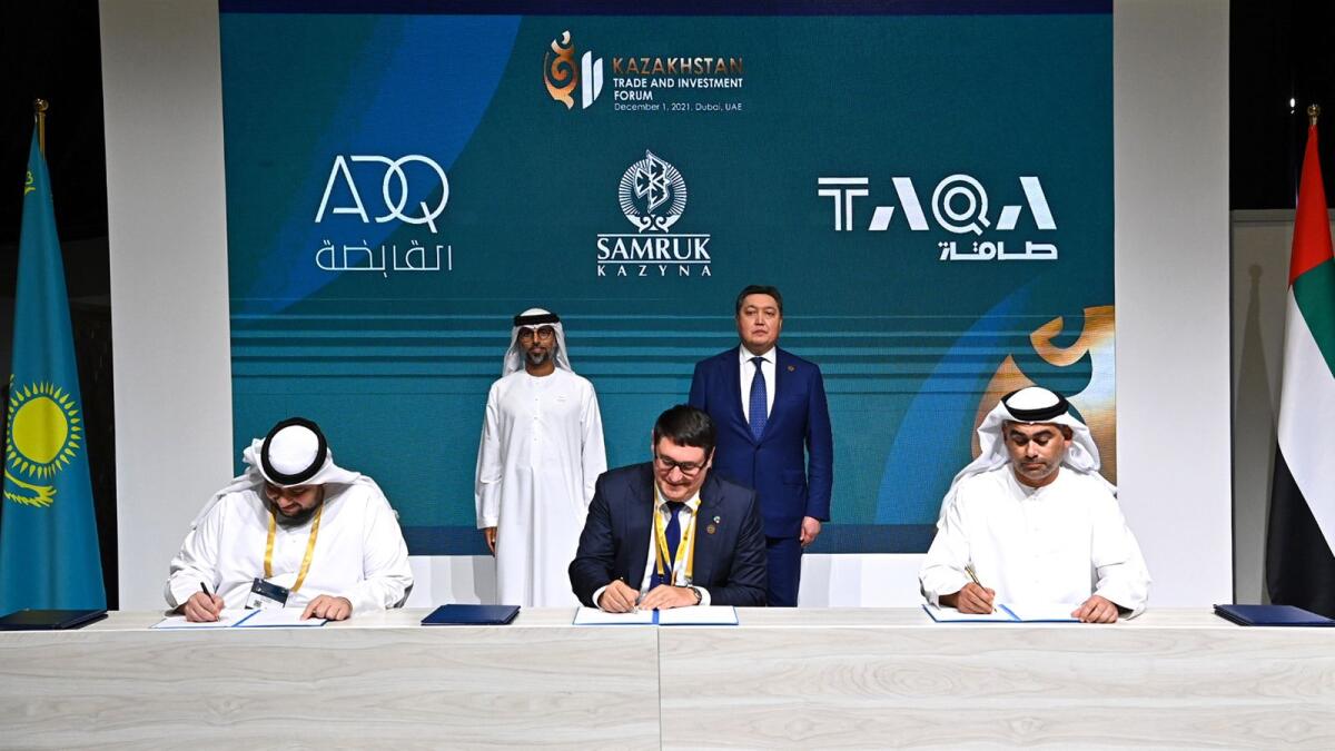 Bilateral relations: Suhail bin Mohammed Al Mazrouei and Askar Mamin  at Kazakhstan Trade Investment Forum held at the Dubai Exhibition Center at Expo 2020 Dubai on Wednesday. — Supplied photo