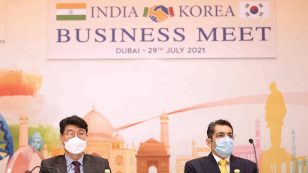 Indian Consul-General Dr Aman Puri and Korean Consul-General Byung Jun Moon at the India-Korea business meet in Dubai on Thursday. — Photo by Shihab