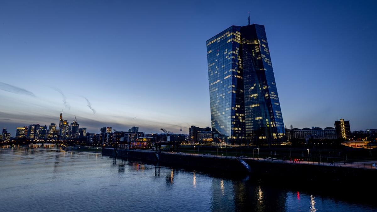 The European Central Bank is pictured in Frankfurt, Germany.. Inflation in the 20 countries that use the euro slowed to 6.9 per cent in March, the lowest level in a year, as food costs continued to rise while energy prices fell, making a sharp turnaround after months of punishing increases. - AP