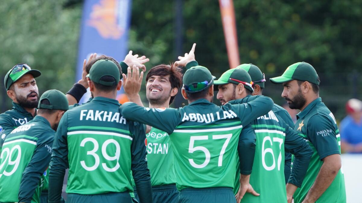 Pakistan players celebrate a wicket. (PCB Twitter)