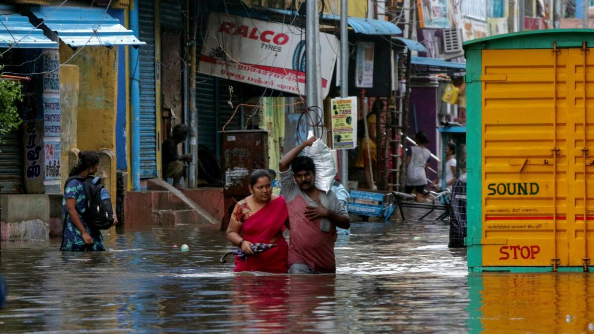 Street seen flooded due to the NIVAR cyclone which makes a landfall on Wednesday betwwen Pondichery and Mahabalipuram.  AP
