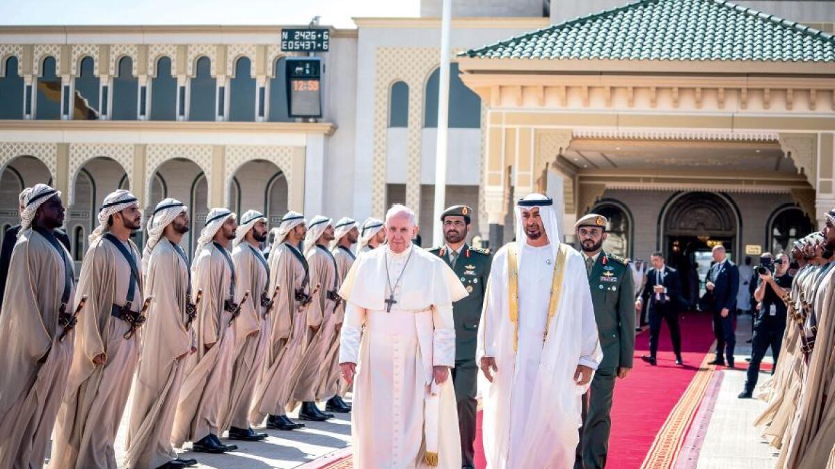 Sheikh Mohamed bin Zayed Al Nahyan sees Pope Francis off at the Presidential Airport in Abu Dhabi on February 5 after his three-day visit.  — Wam