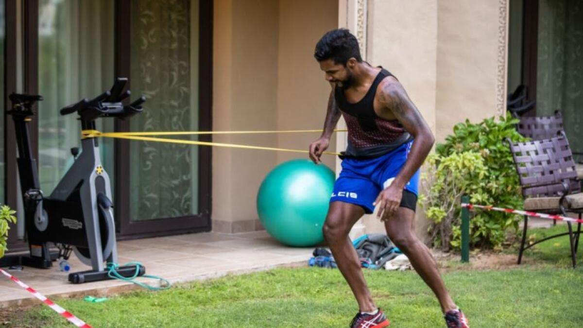 Rajasthan Royals pace bowler Varun Aaron doing his regular exercise at the team hotel in Dubai. (Rajasthan Royals Twitter)
