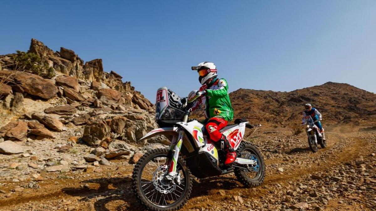 Pierre Cherpin of France riding his motorcycle during the first stage of the 2021 Dakar Rally in Jeddah on January 3. (AFP)