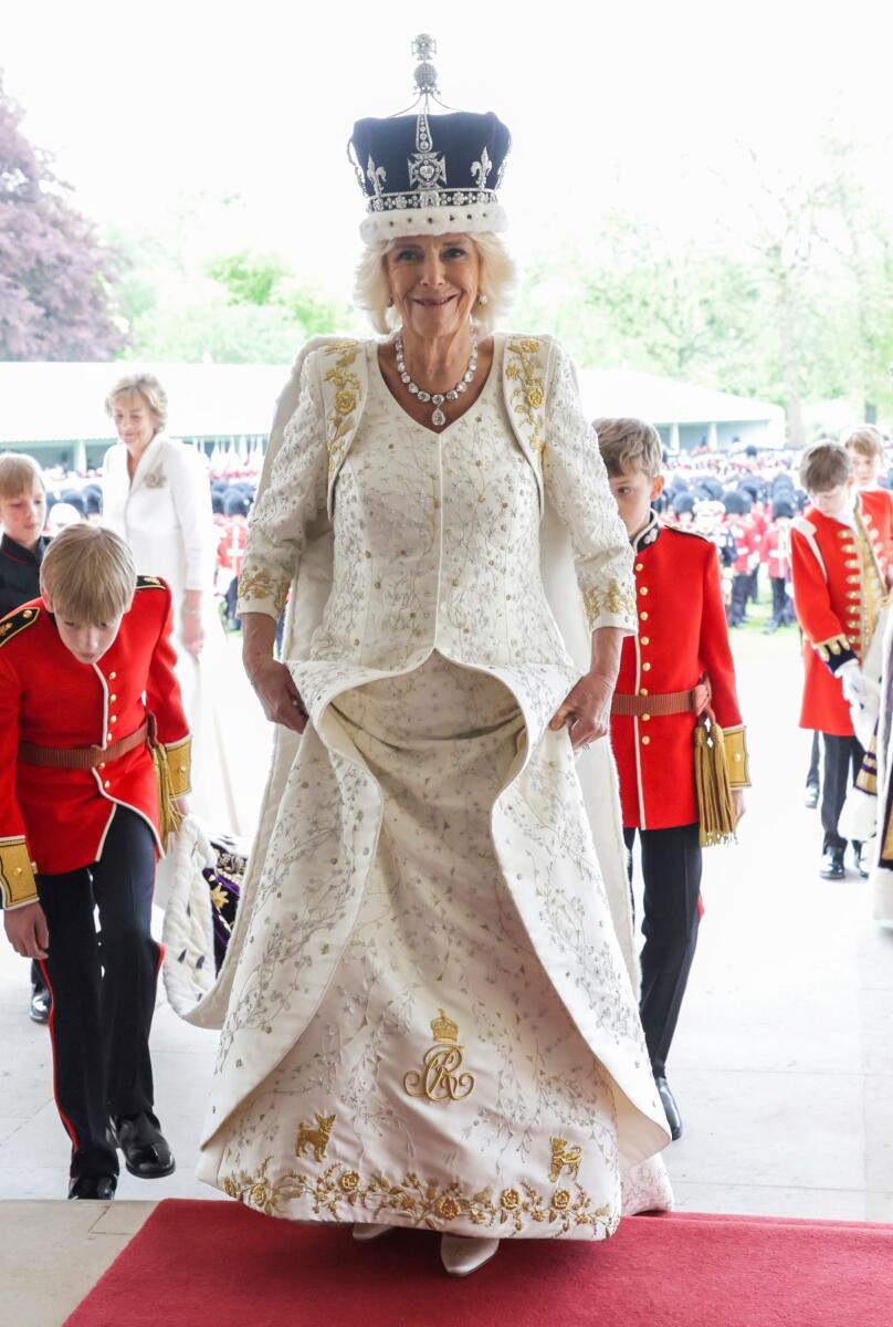 Britain's Queen Camilla arrives on the balcony of Buckingham Palace after the coronation of King Charles III, in London, Saturday, May 6, 2023. (Chris Jackson/Getty via AP)