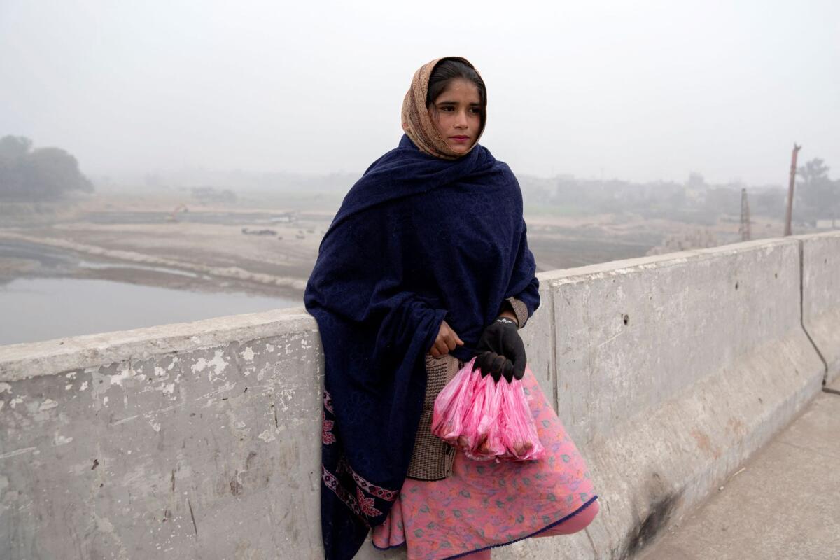 Shabnam waits for customers while selling meat to feed the birds  along Ravi Bridge in Lahore on January 3, 2024. — Reuters