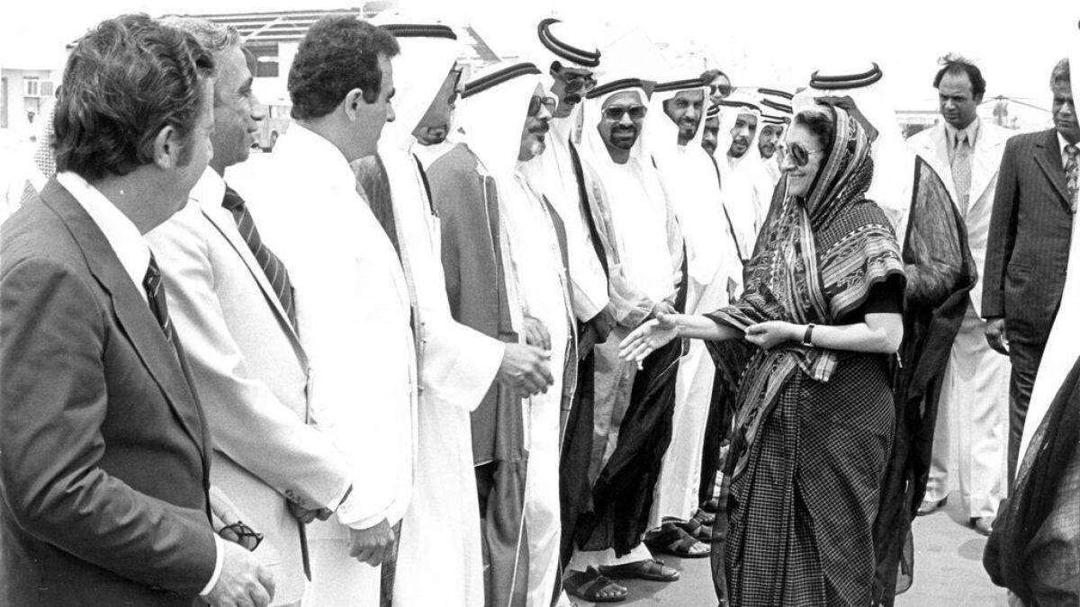 Then Indian Prime Minister, the late Mrs Indira Gandhi, meeting members of the diplomatic corps at Abu Dhabi International Airport in 1981.