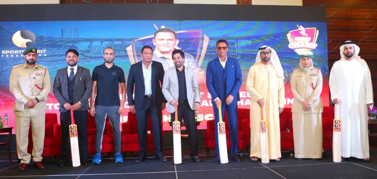 Mohammad Azharuddin (fourth from left), South African spinner Imran Tahir (third from left) at the press conference in Dubai. (Supplied photo)