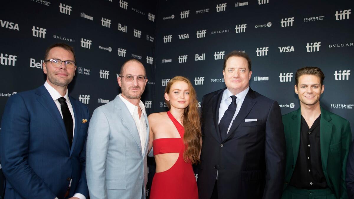 Playwright Samuel Hunter, director Darren Aronofsky, actors Sadie Sink, Brendan Fraser and Ty Simpkins at the premiere of The Whale during the Toronto International Film Festival (Photo: AP)