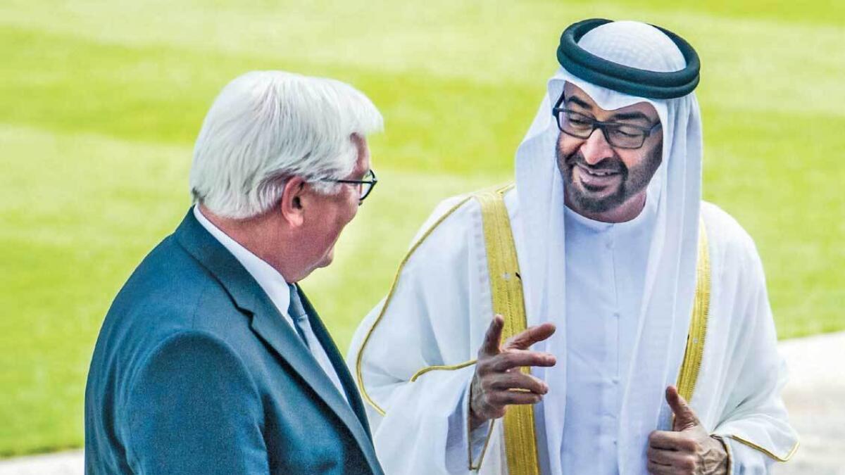 His Highness Sheikh Mohamed bin Zayed Al Nahyan being received by German President Frank-Walter Steinmeier at the Bellevue Palace in Berlin on Tuesday. — AFP