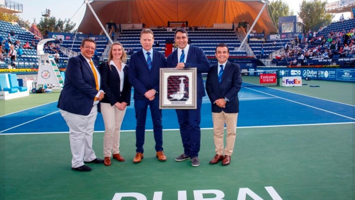 Hany El Khafief (left) with other tennis officials at the Dubai Duty Free Tennis Championships. (Facebook)