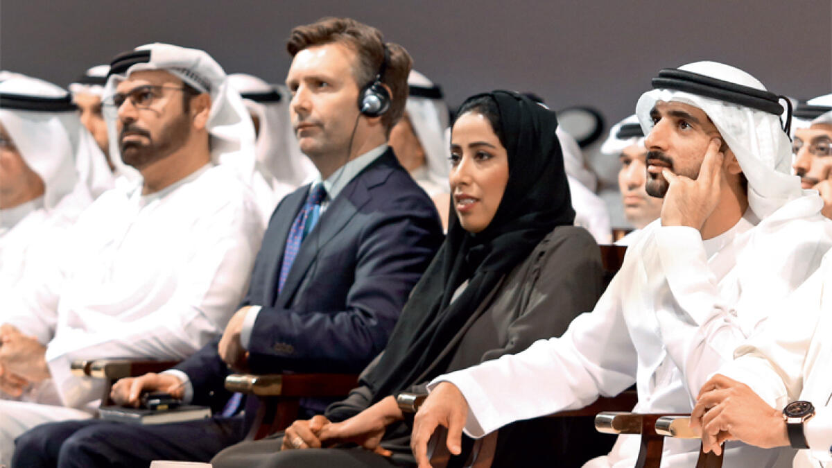 Sheikh Hamdan bin Mohammed bin Rashid Al Maktoum, Crown Prince of Dubai; Mohammed bin Abdullah Al Gergawi, Minister of Cabinet Affairs and Future; Mona Al Marri and Josh Earnest in the audience.