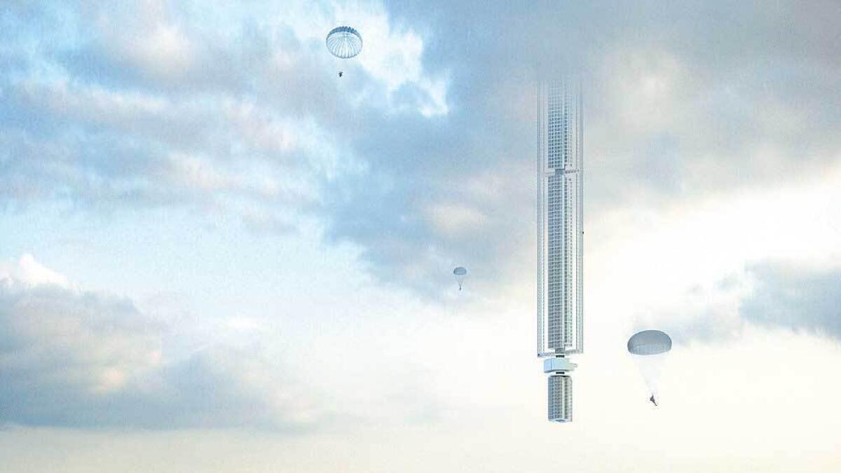 An artist impression of how the proposed asteroid-suspended Analemma Tower would look.