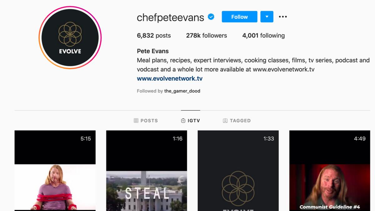 A screengrab of the Instagram account of celebrity chef Pete Evans.