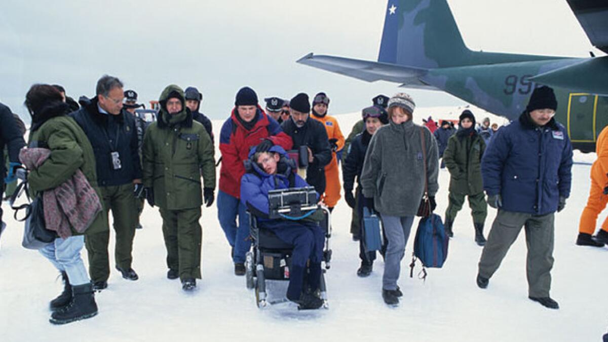 Stephen Hawking at the Chilean base of Antarctic in  1997. Alamy Stock Photo