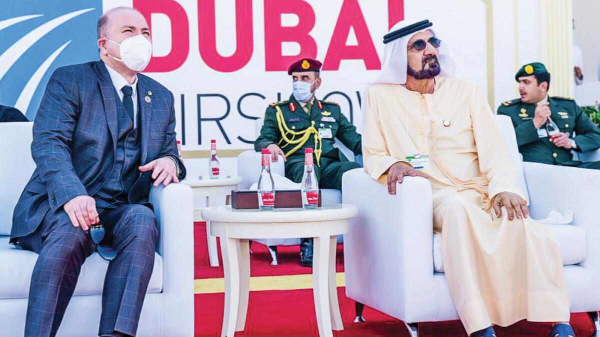 Sheikh Mohammed with Algerian Prime Minister and Minister of Finance Aimene Benabderrahmane, at the Dubai Airshow 2021 on Sunday. Supplied photo