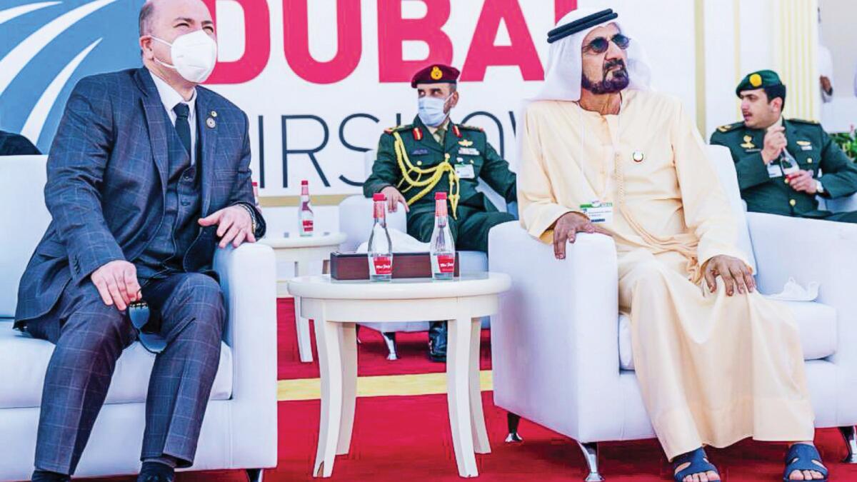 Sheikh Mohammed with Algerian Prime Minister and Minister of Finance Aimene Benabderrahmane, at the Dubai Airshow 2021 on Sunday. Supplied photo