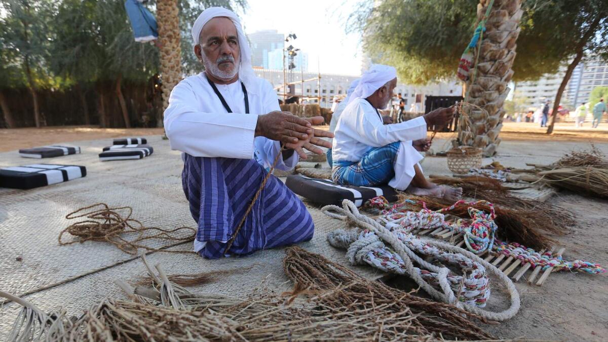 Emirati man demonstrate traditional rope making during the fourth Annual Qasr Al Hosn Festival runs February 3-13 in Abu Dhabi. Photo By Ryan Lim