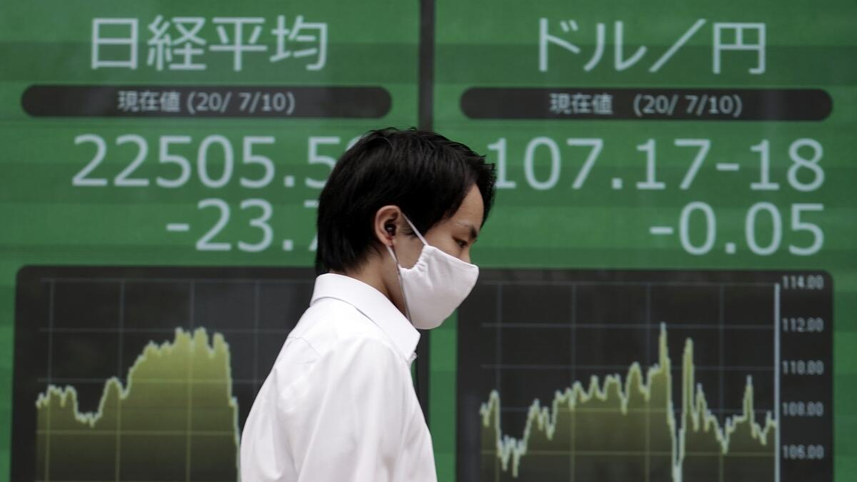 A man walks past an electronic board showing Japan's Nikkei 225 index and currency exchange rate at a securities firm in Tokyo on Friday. - AP