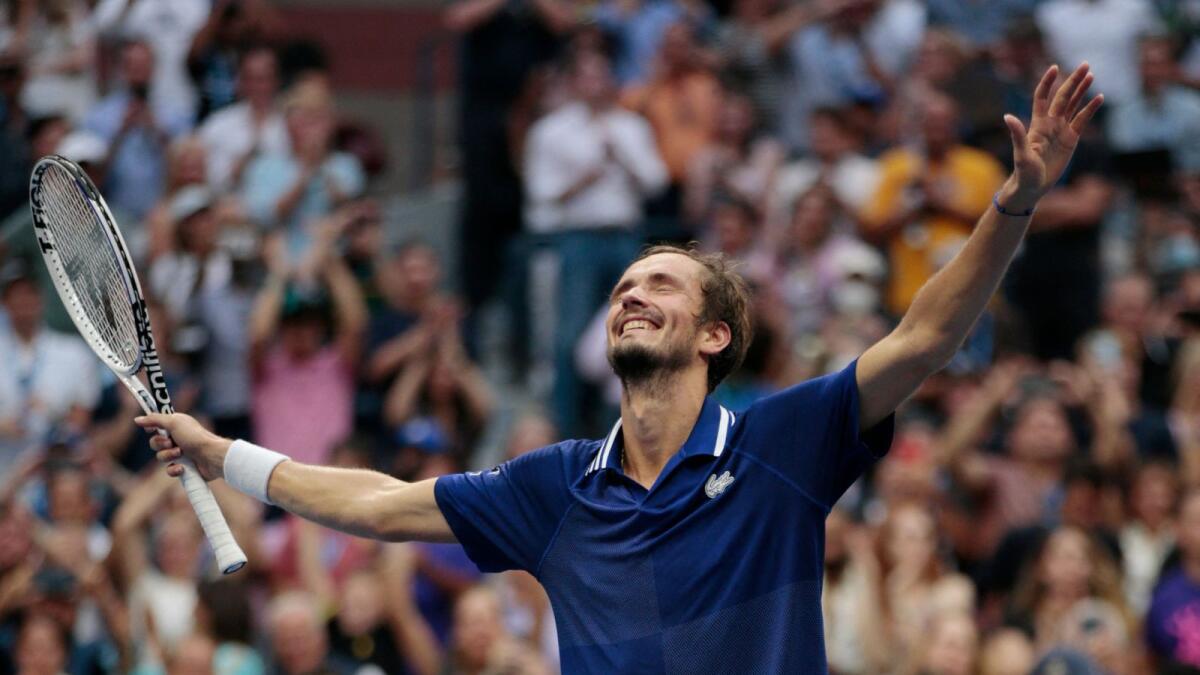 Russia's Daniil Medvedev celebrates his win over Serbia's Novak Djokovic during their 2021 US Open Tennis tournament men's final. — AFP