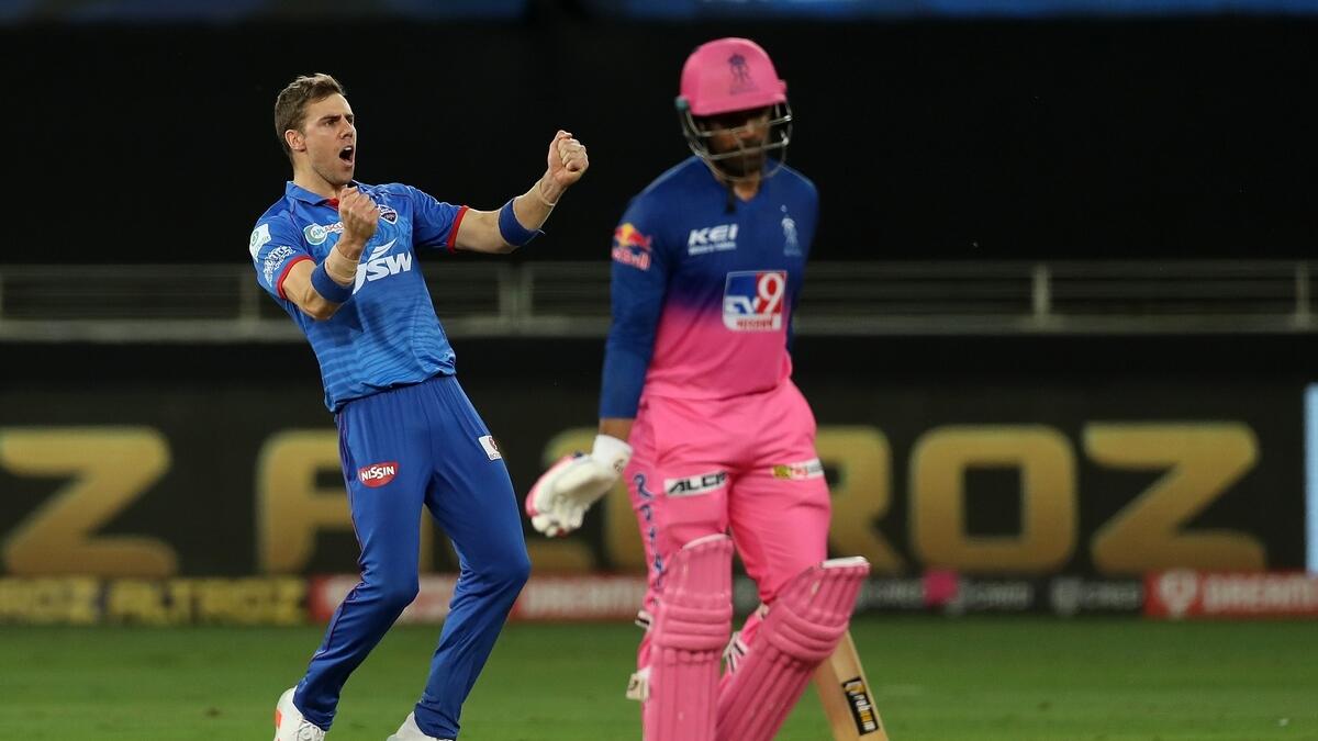 Anrich Nortje of Delhi Capitals celebrates the wicket of Robin Uthappa of Rajasthan Royals. (IPL)