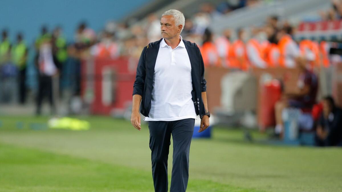 Jose Mourinho walks during the Europa Conference League play offs first leg soccer match between Trabzonspor and Roma, in Trabzon, Turkey. — AP