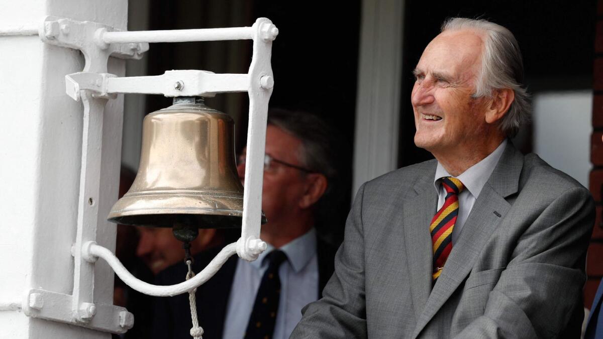 Former England player Ted Dexter rings the bell before the start of play on the second day of the second Test between England and India at Lord's Cricket Ground in 2018. (AFP)