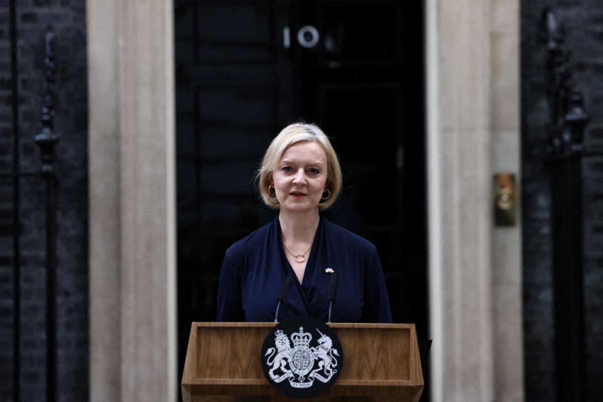 British Prime Minister Liz Truss announces her resignation, outside Number 10 Downing Street, London, Britain October 20, 2022. Photo: Reuters