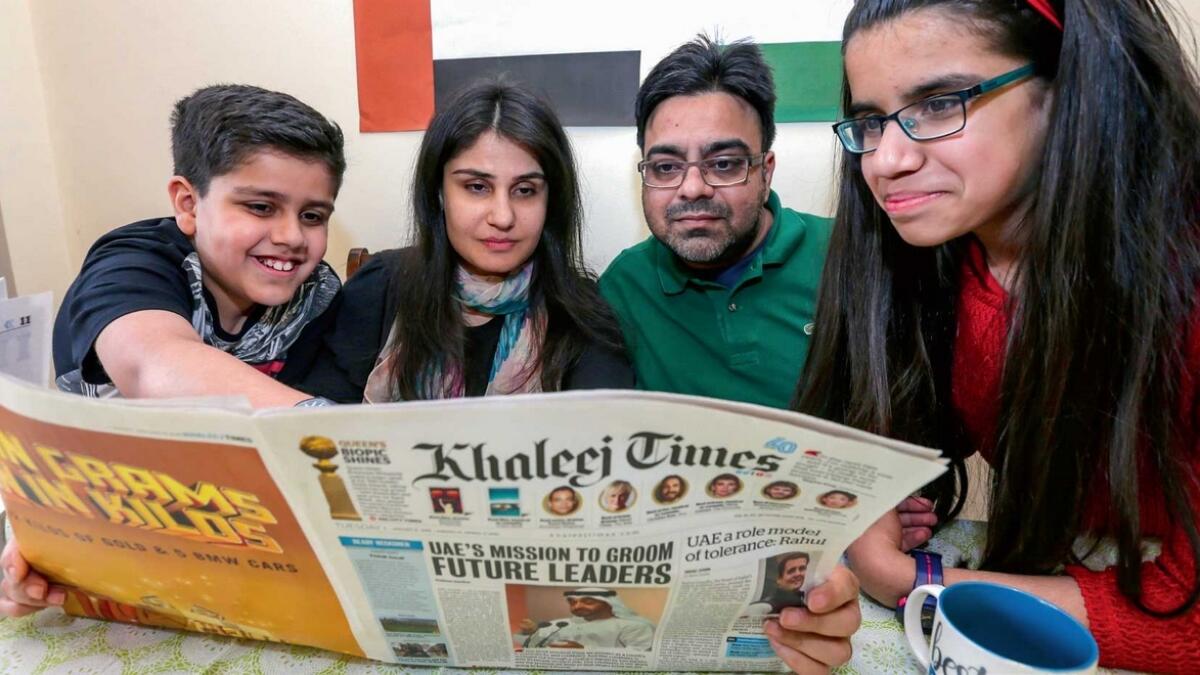 Faraz Izhar, Iram Rizvi and their children are avid readers of Khaleej Times. — Photo by Dhes Handumon