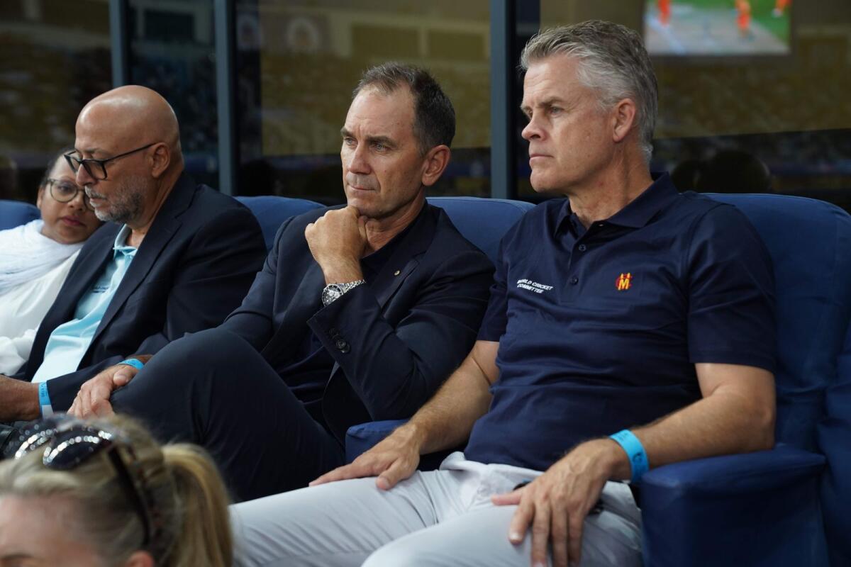 Former Australian cricketer and coach Justin Langer (second from right) at the Dubai International Cricket Stadium. — Supplied photo